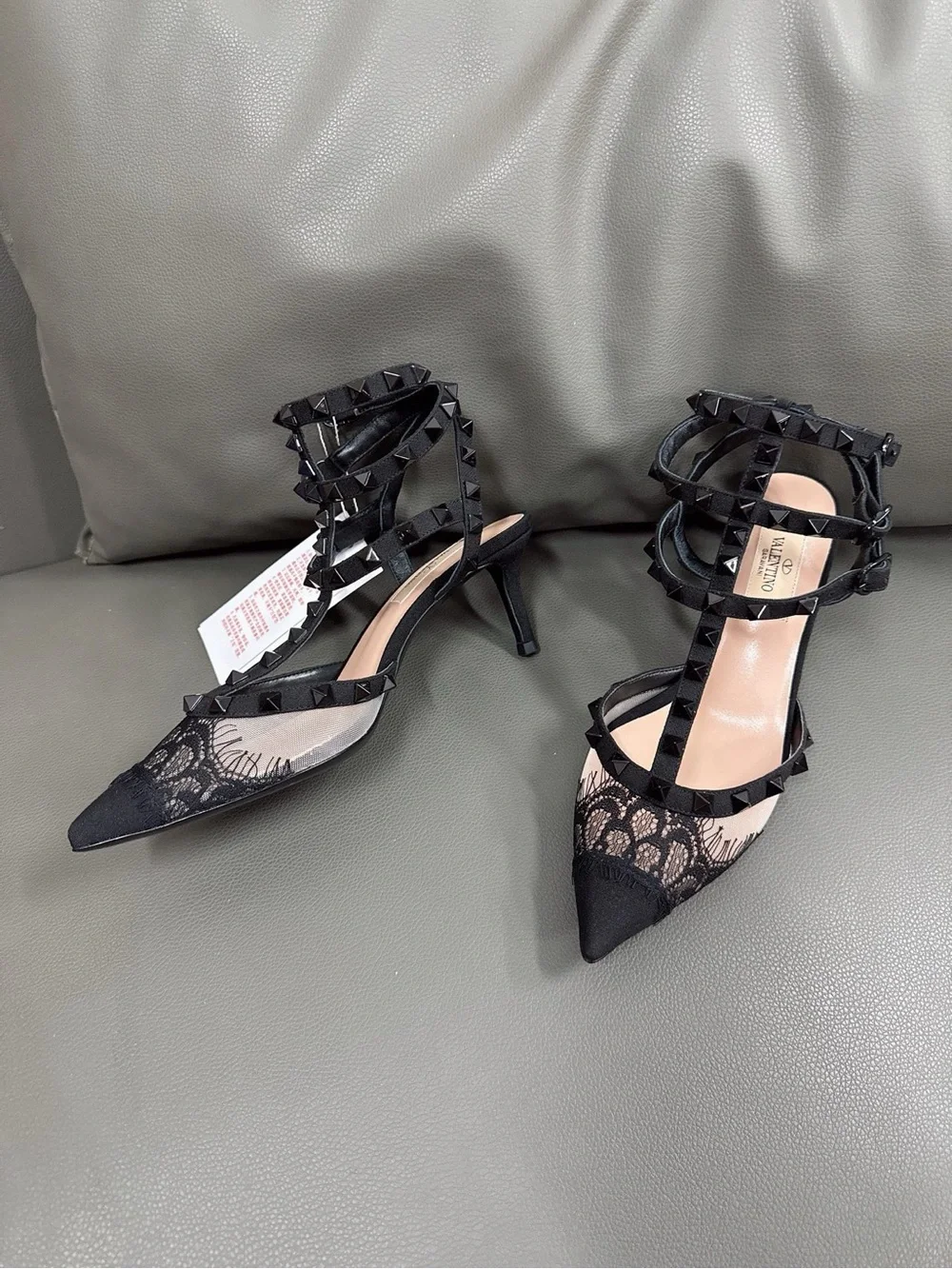 Valentino Black Lace T-Strap Rockstud Pointed Heels